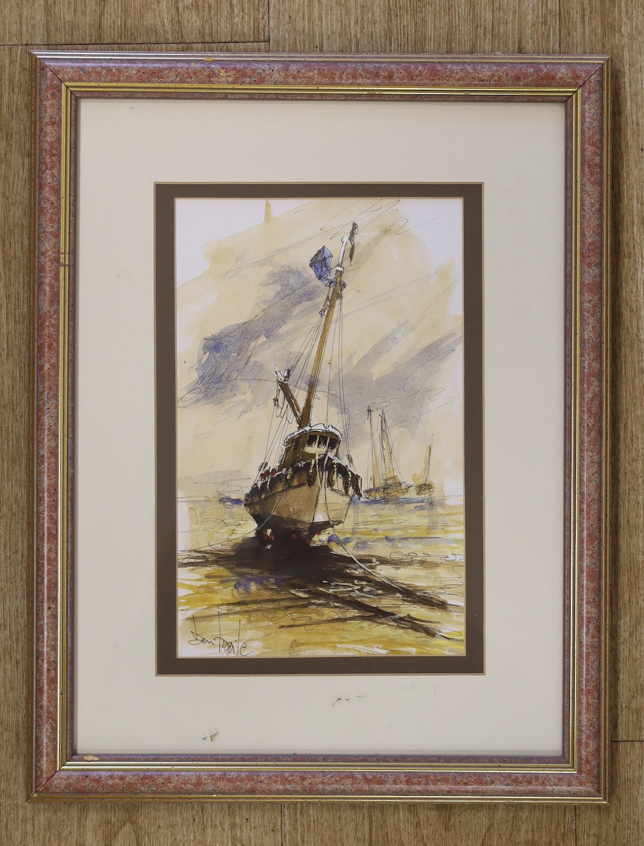 Ben Maile (1922-2017), ink and watercolour, Fishing boat at low tide, signed, 28 x 17.5 cm.